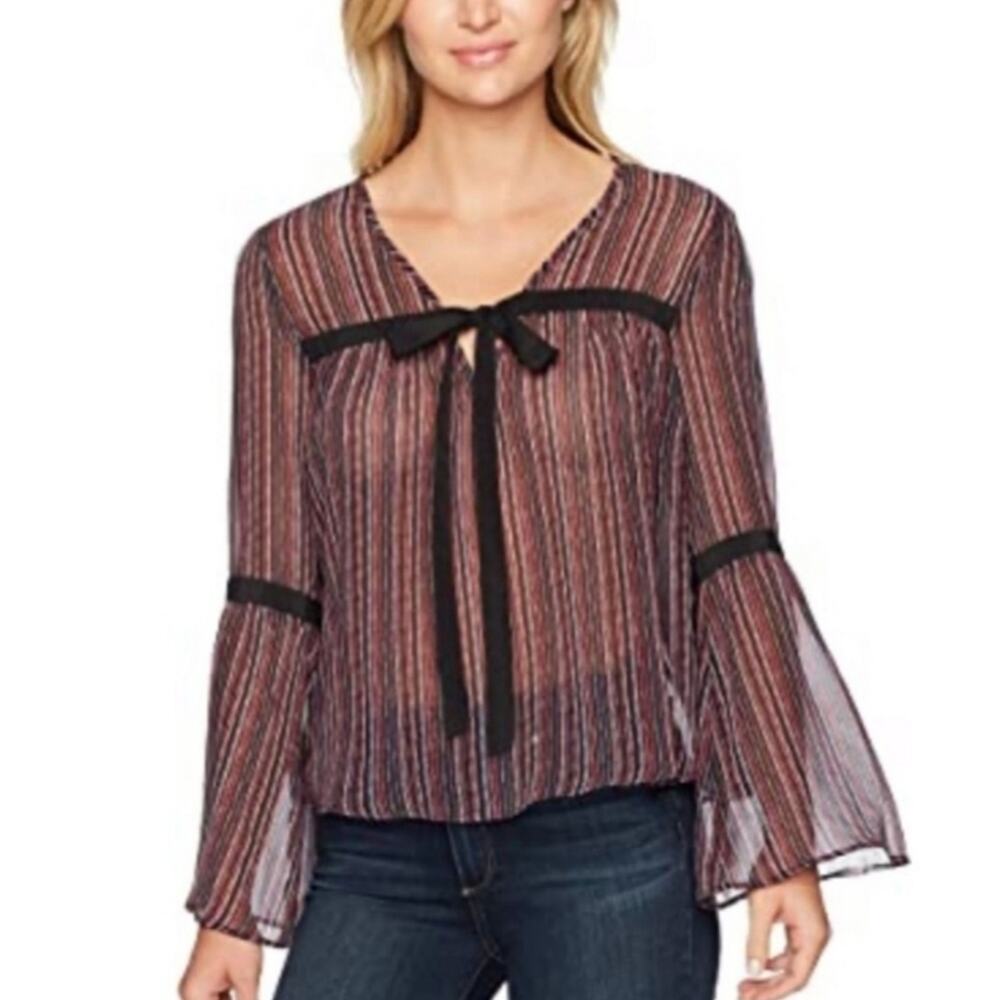 BCBGeneration Plum Sheer Striped Bell Sleeve Bow Blouse S Whimsigoth Piratecore
